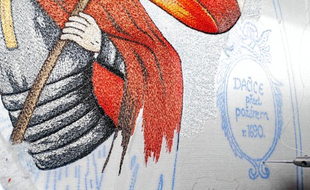 The ink, with which the embroiderers render the motifs on a fire brigade banner, has a secret formula