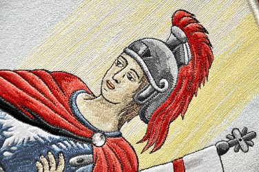 Close-up of the embroidery on the banner replica for Kostolany