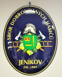Enamel oval sign with a nostalgic fireman emblem and the coat of arms of Jeníkov