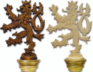 Hand carved flagpole finial, Czech double-tailed lion 