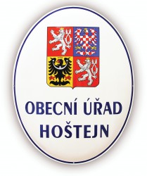 Enamel oval sign with the greater coat of arms of the Czech Republic and the text OBECNÍ ÚŘAD (Town Hall)