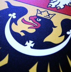 Close-up of the plastic coat of arms of the Czech Republic
