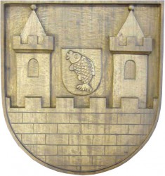 Wood carved and sandstone coats of arms