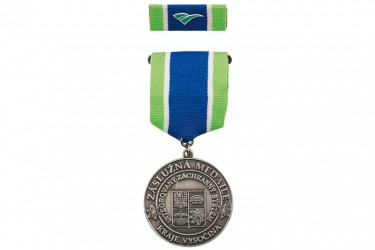 Medal on a decorative ribbon with a small ribbon bar